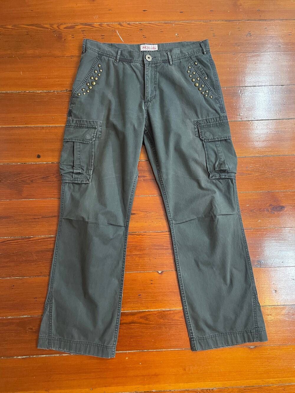 ALBERTO MOON Fade Out Gabardine Cargo Pants W36 Gray Studded Y2K Utility